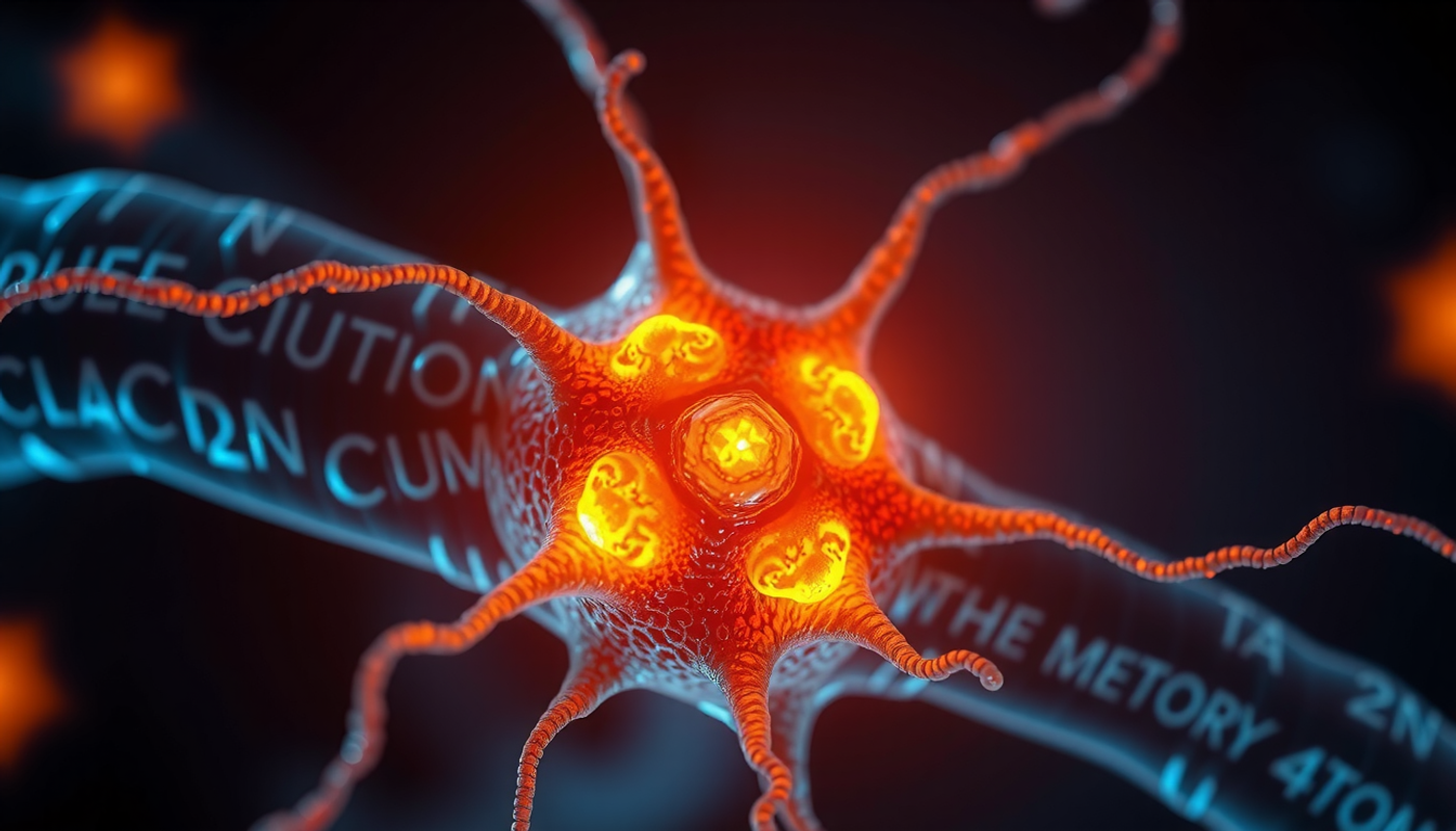 Cross-section of a neuron with glowing mitochondria and energy waves.