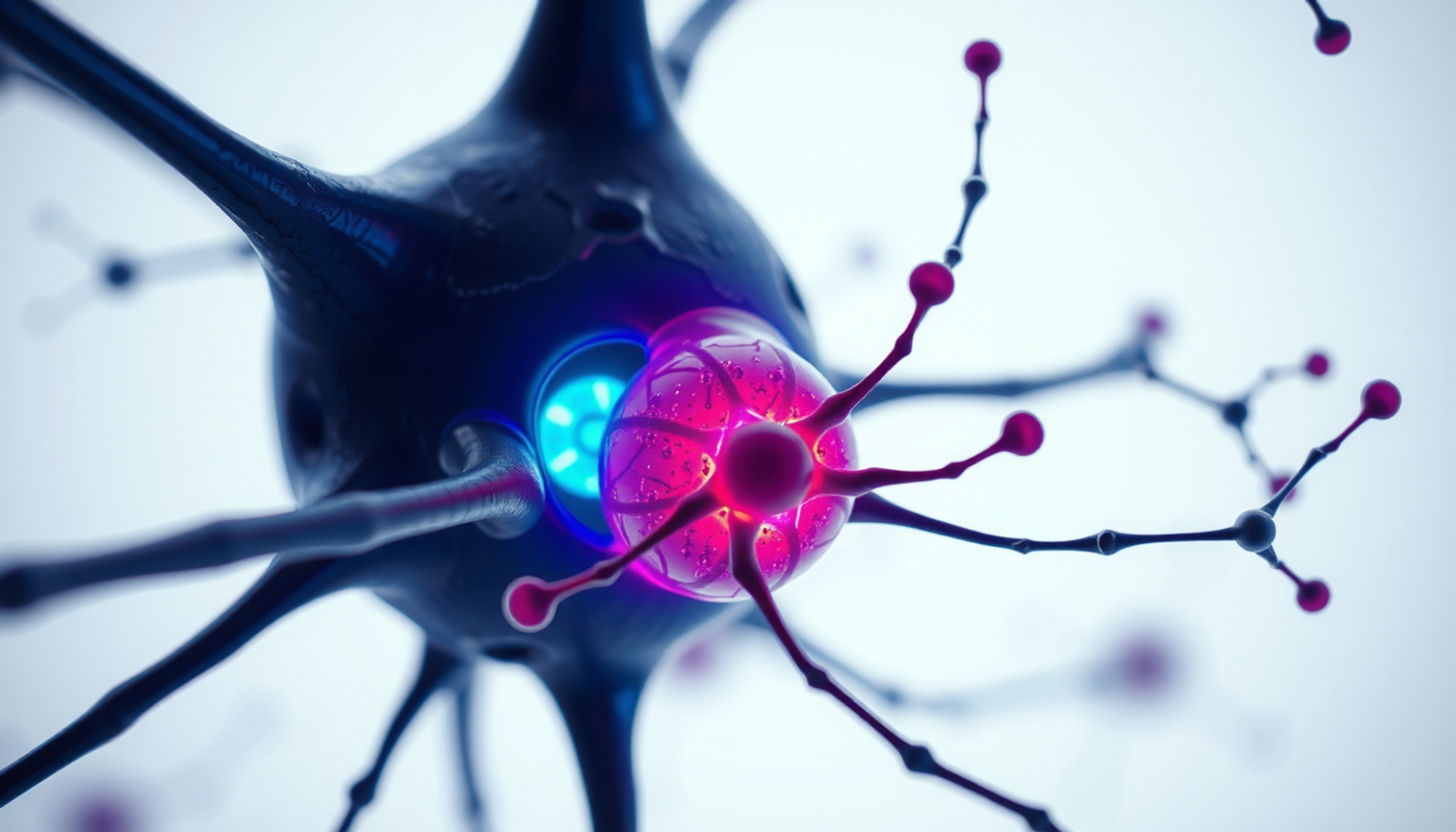 Microscopic view of glowing CREB proteins activating in a neuron's nucleus.