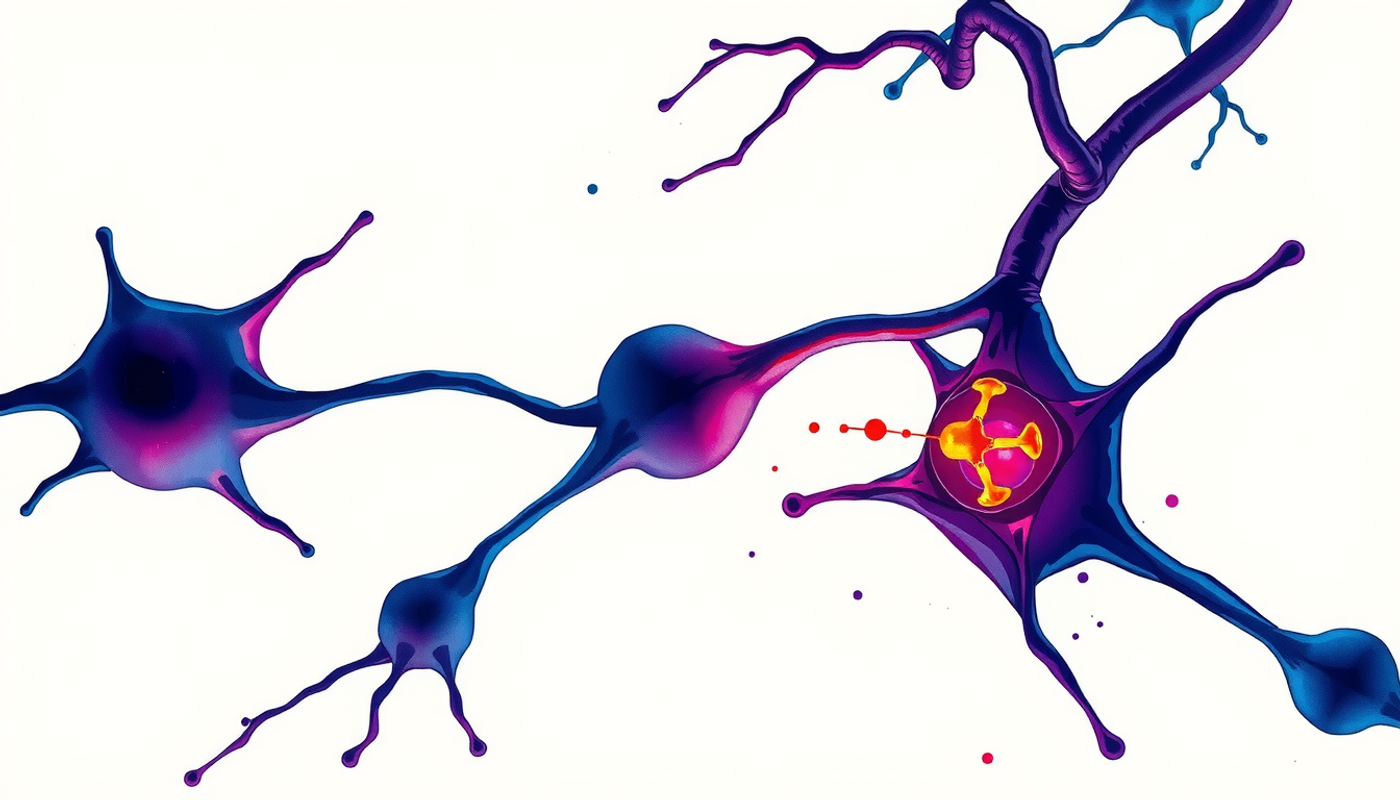 Microscopic view of a glowing synapse with neurotransmitter release.