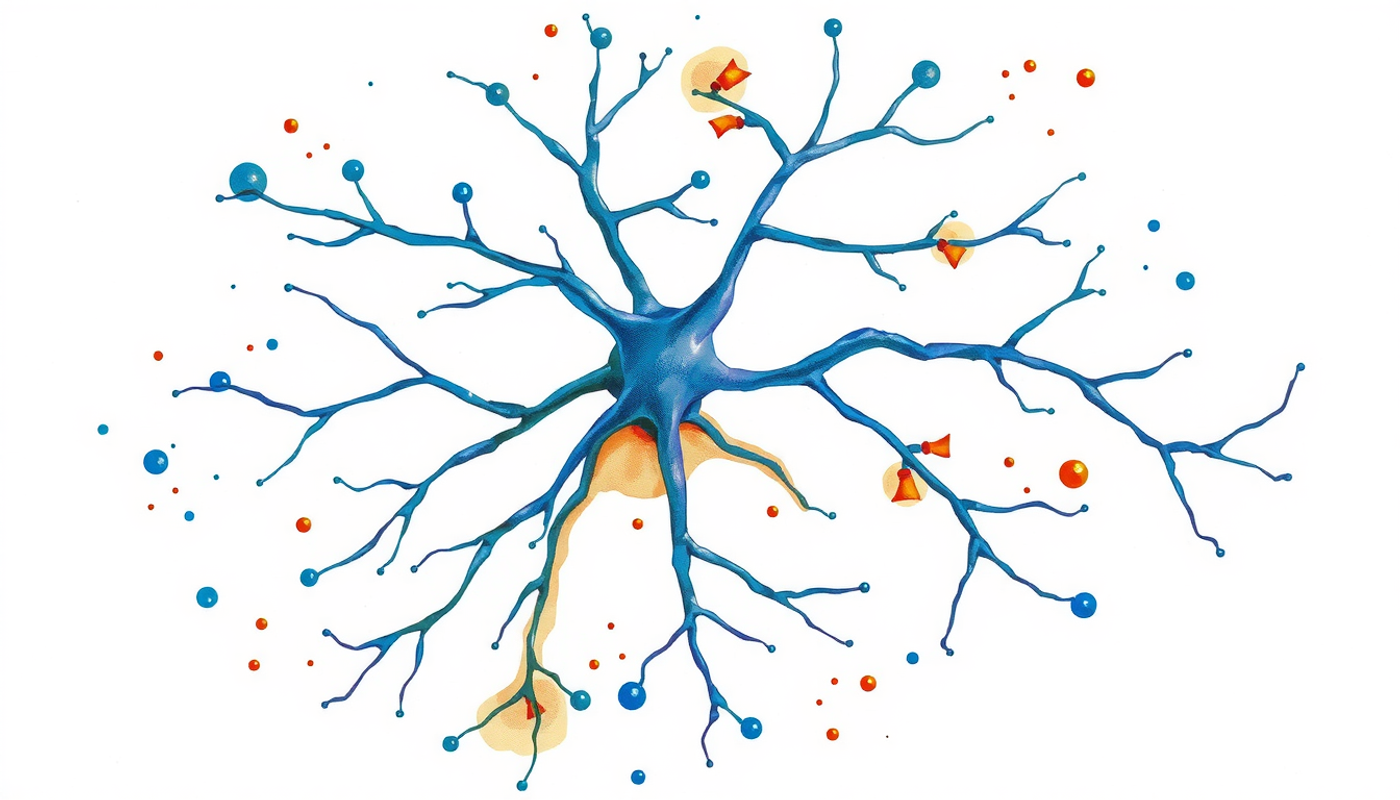 Neuron cell body with proteins flowing towards glowing and dark synapses.