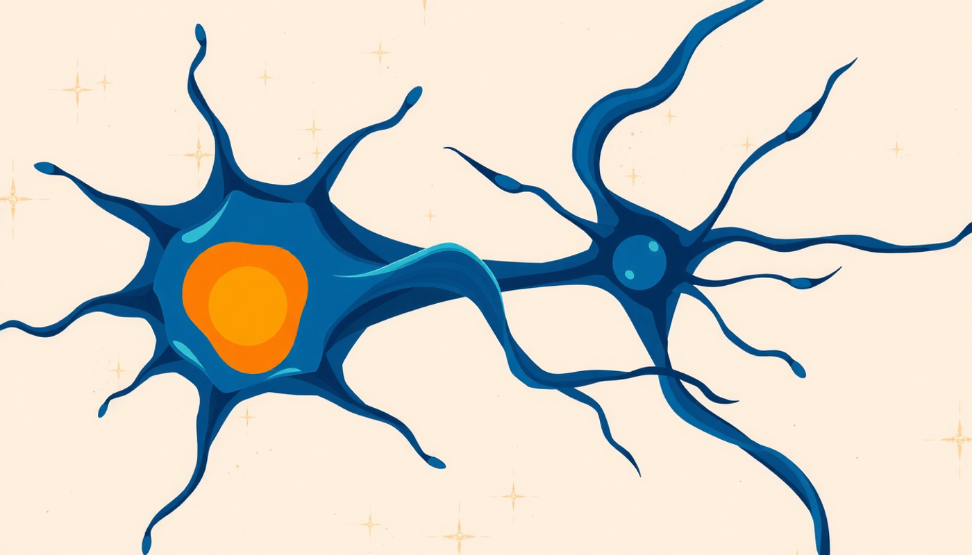 Cross-section of neurons with glowing synapse and signal cascades.