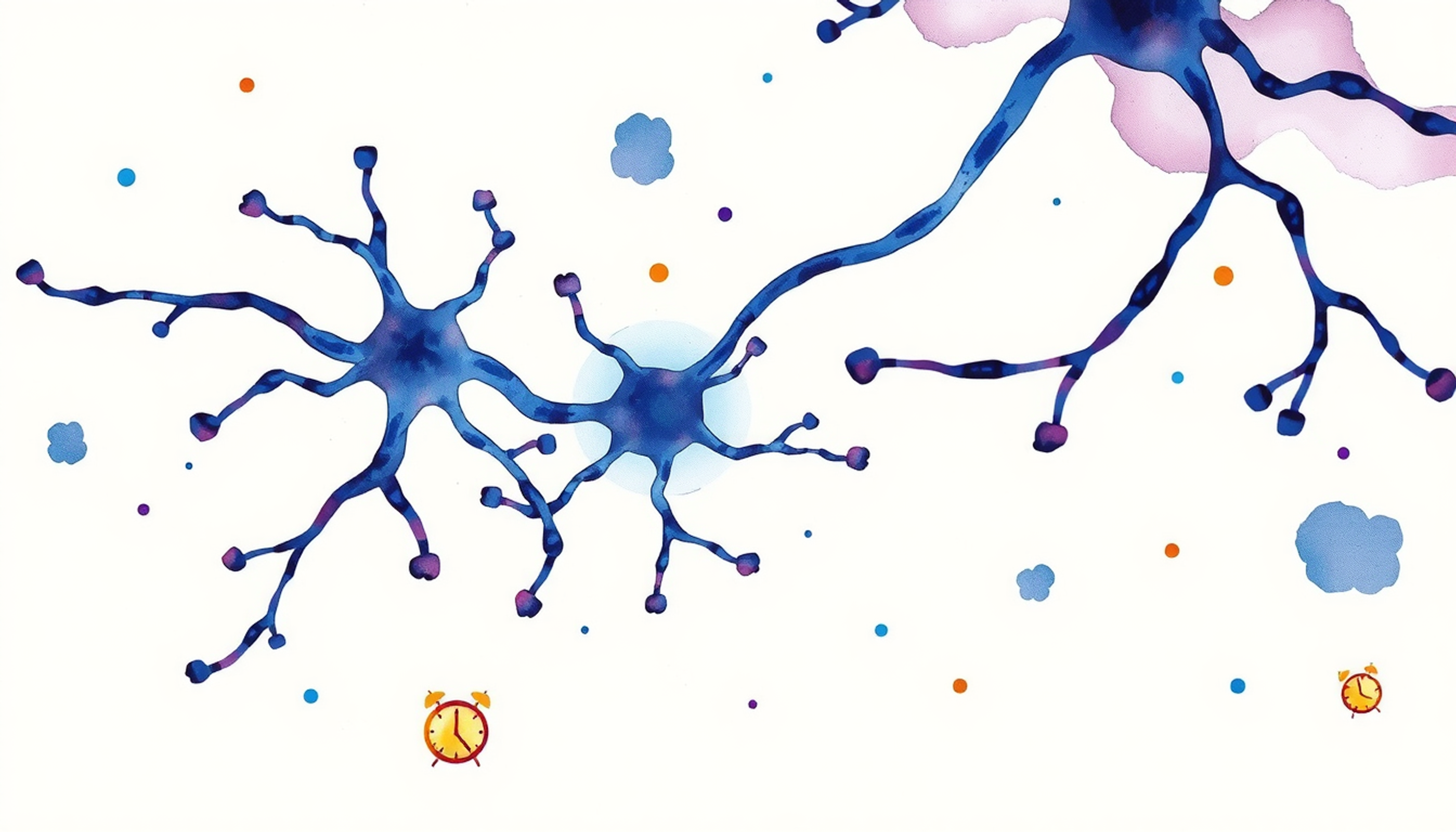 Microscopic neurons connected by a synapse with glowing proteins.