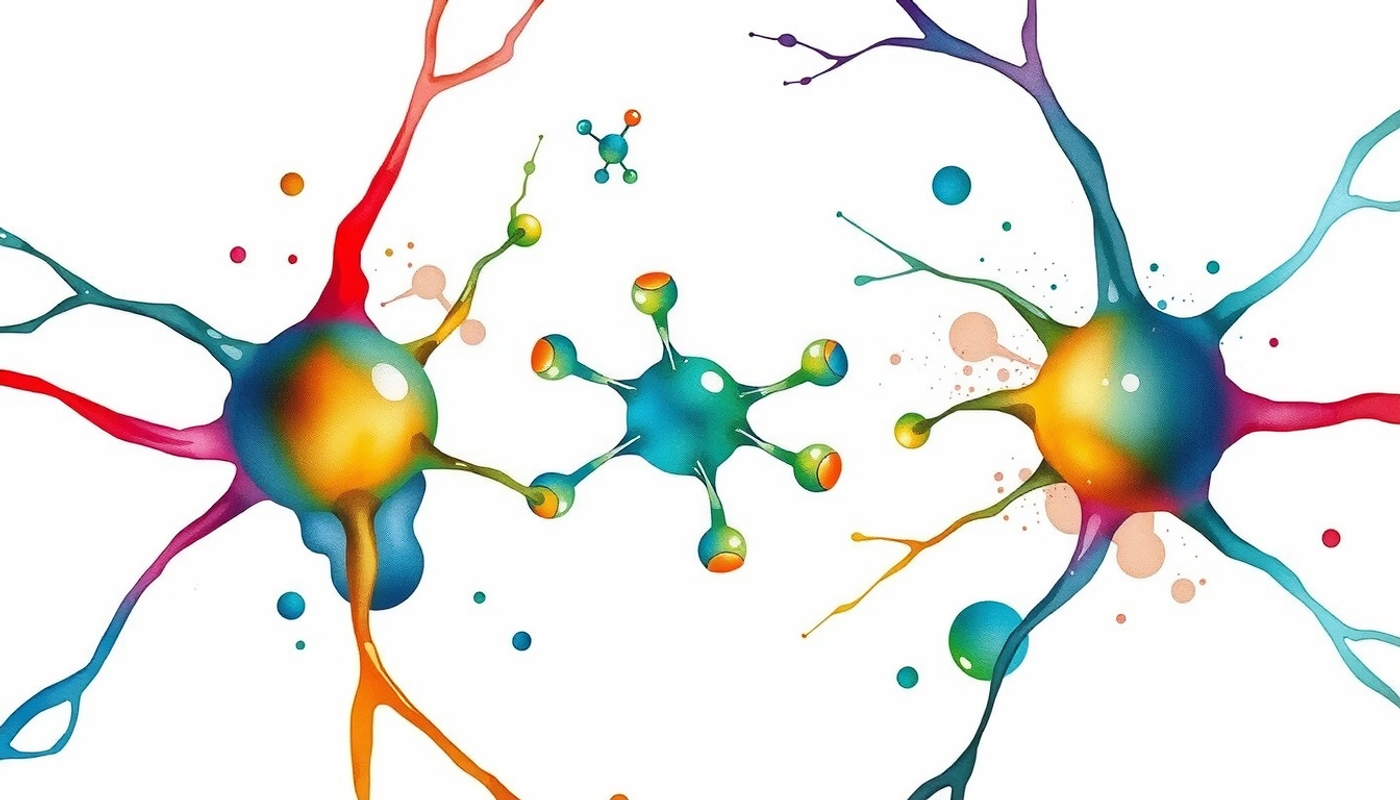 Colorful neurotransmitter molecules in synaptic space between glowing neurons.