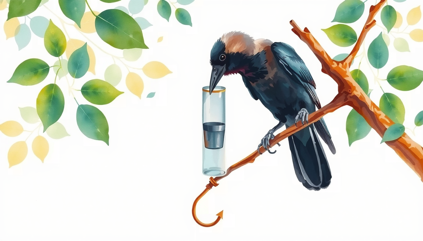 New Caledonian crow observing a tube with a bucket inside.