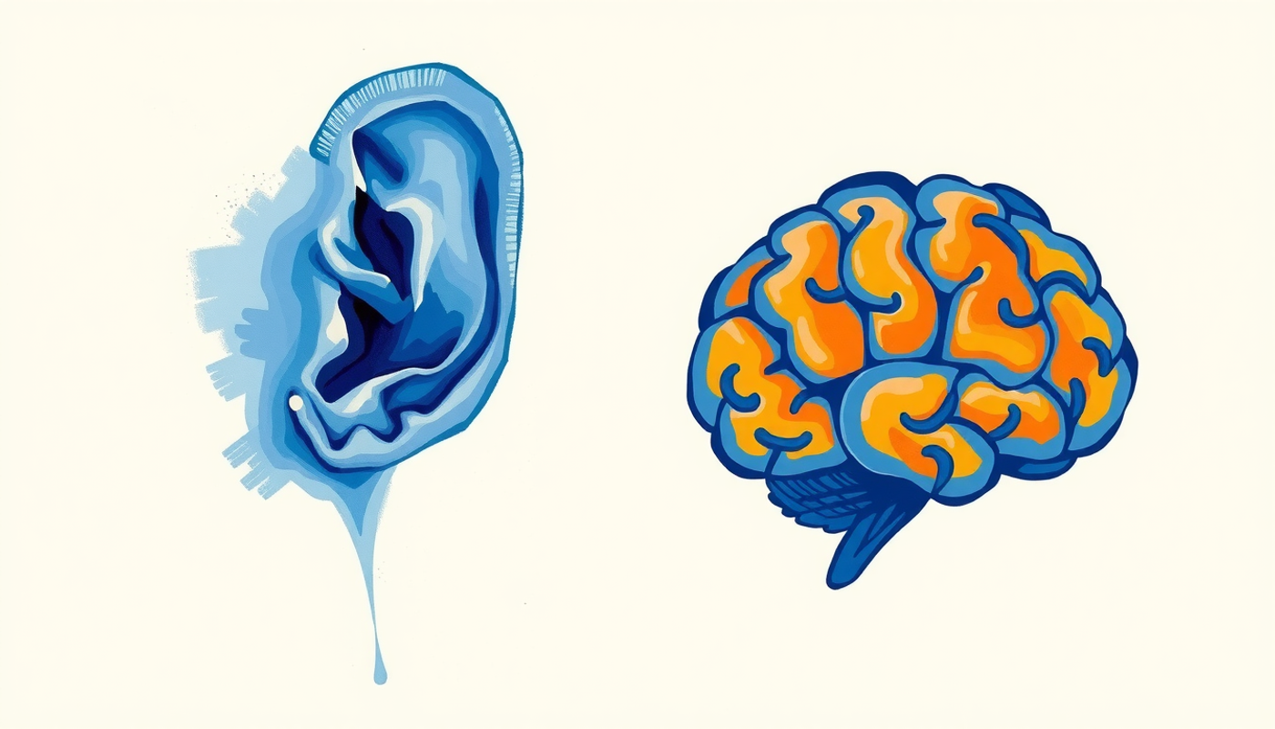 Newborn's ear beside a glowing brain, symbolizing language development.
