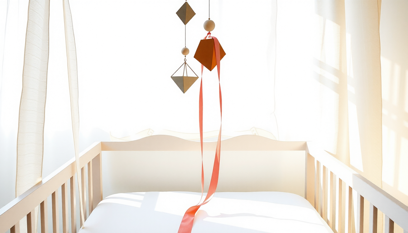Pale wooden geometric nursery mobile above an empty crib.