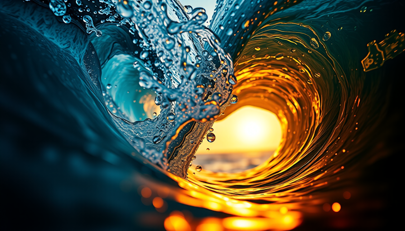 Abstract landscape of indigo and amber waves colliding at sunset.