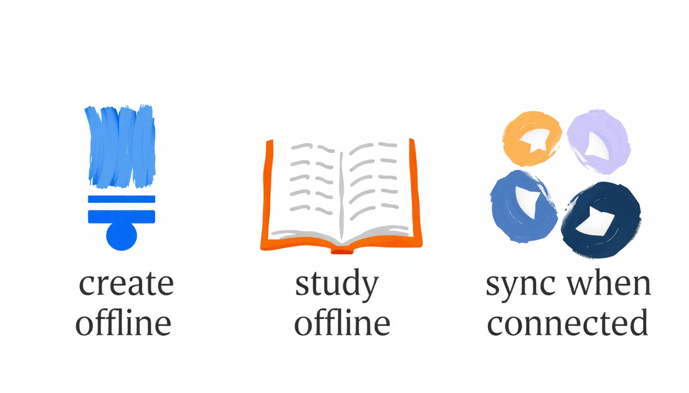 Simple infographic with icons for offline creation, study, and syncing.