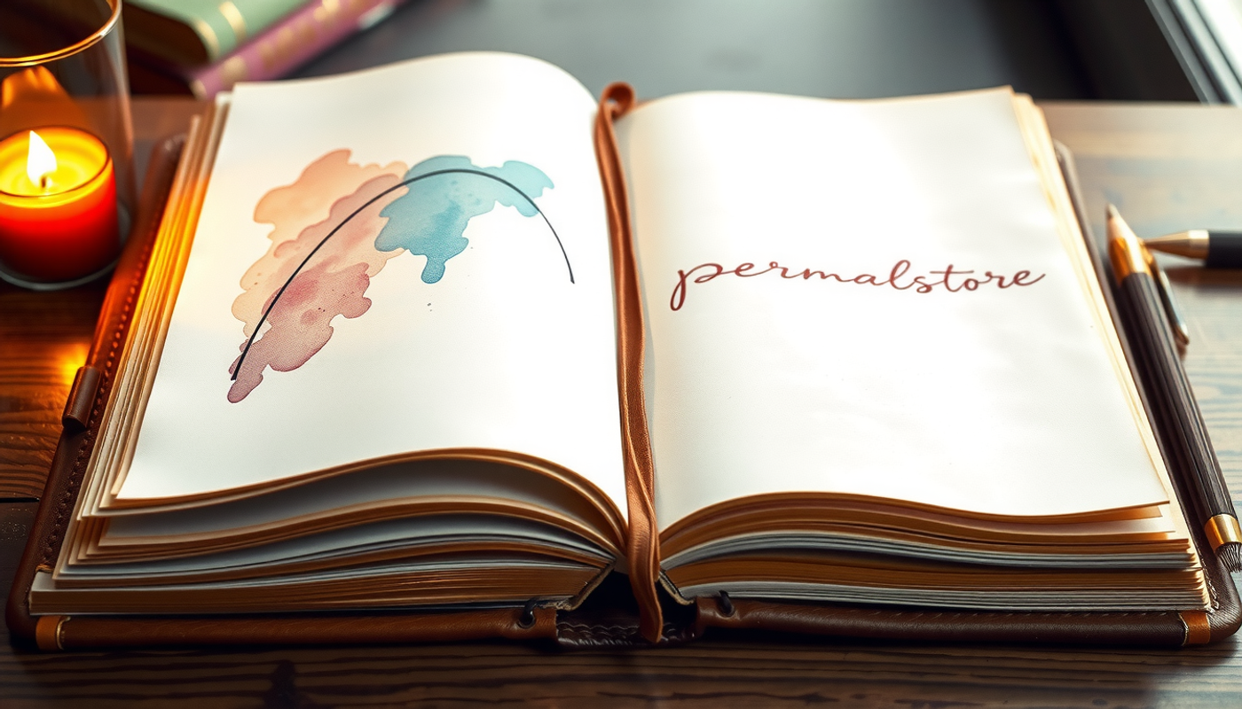 Open leather-bound journal on desk with curve graph and permastore.