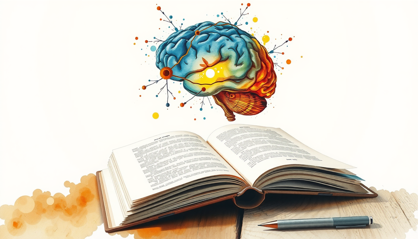 Open book on wooden desk with glowing brain-shaped light above.