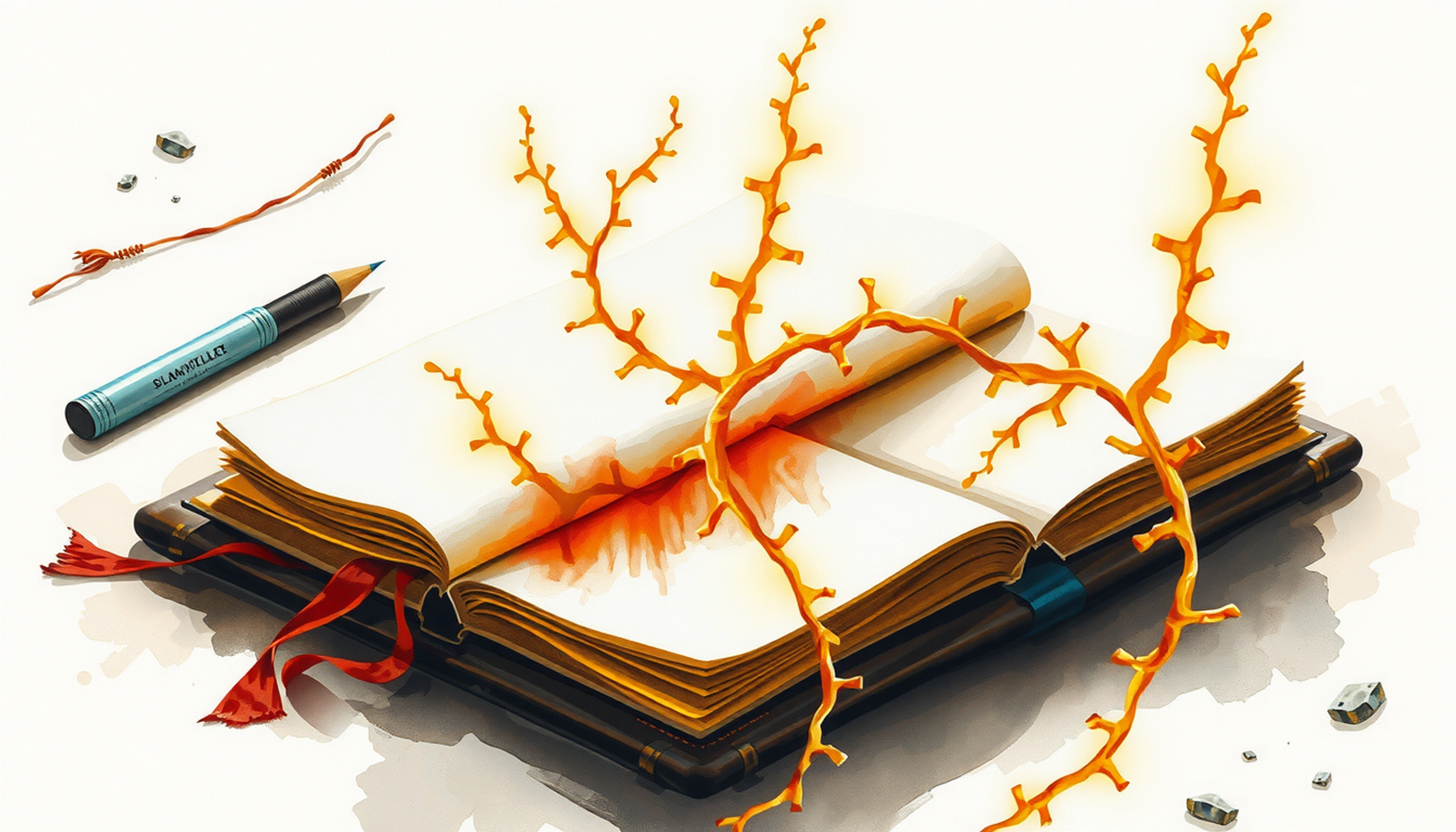 Aged leather book open on a table with glowing neural pathways.