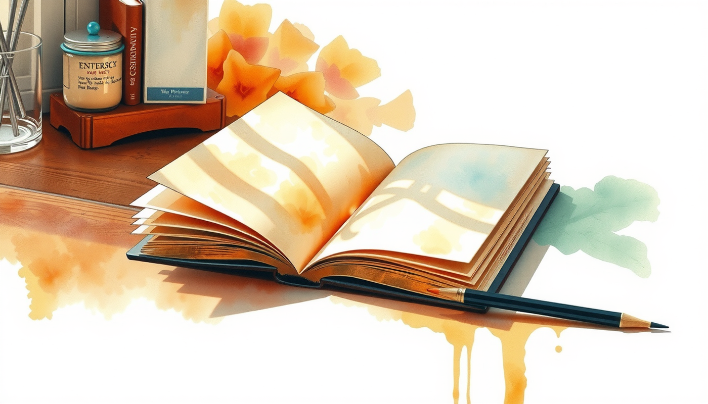 Open book on wooden desk with pencil and paper, warm shadows.