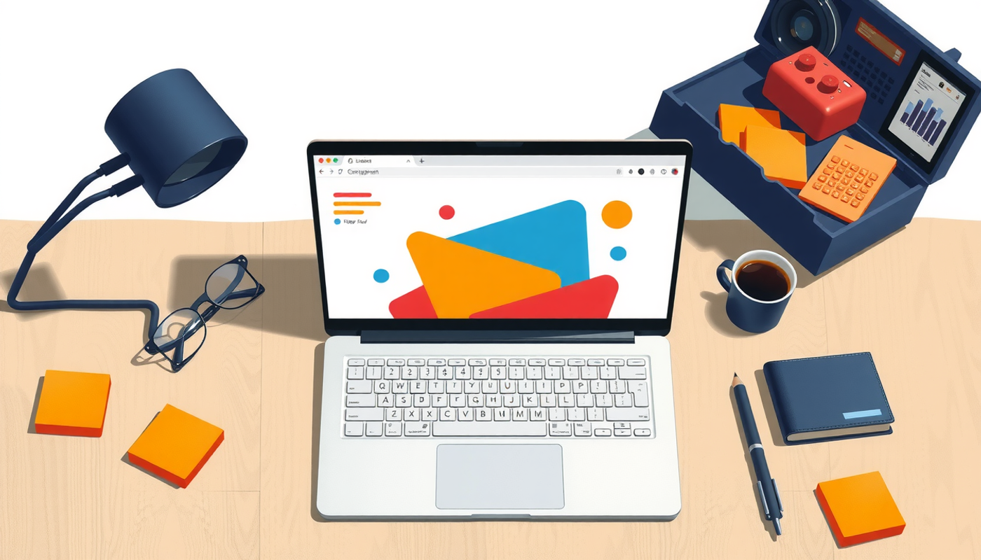 Open laptop on wooden desk with colorful database grid and coffee cup.