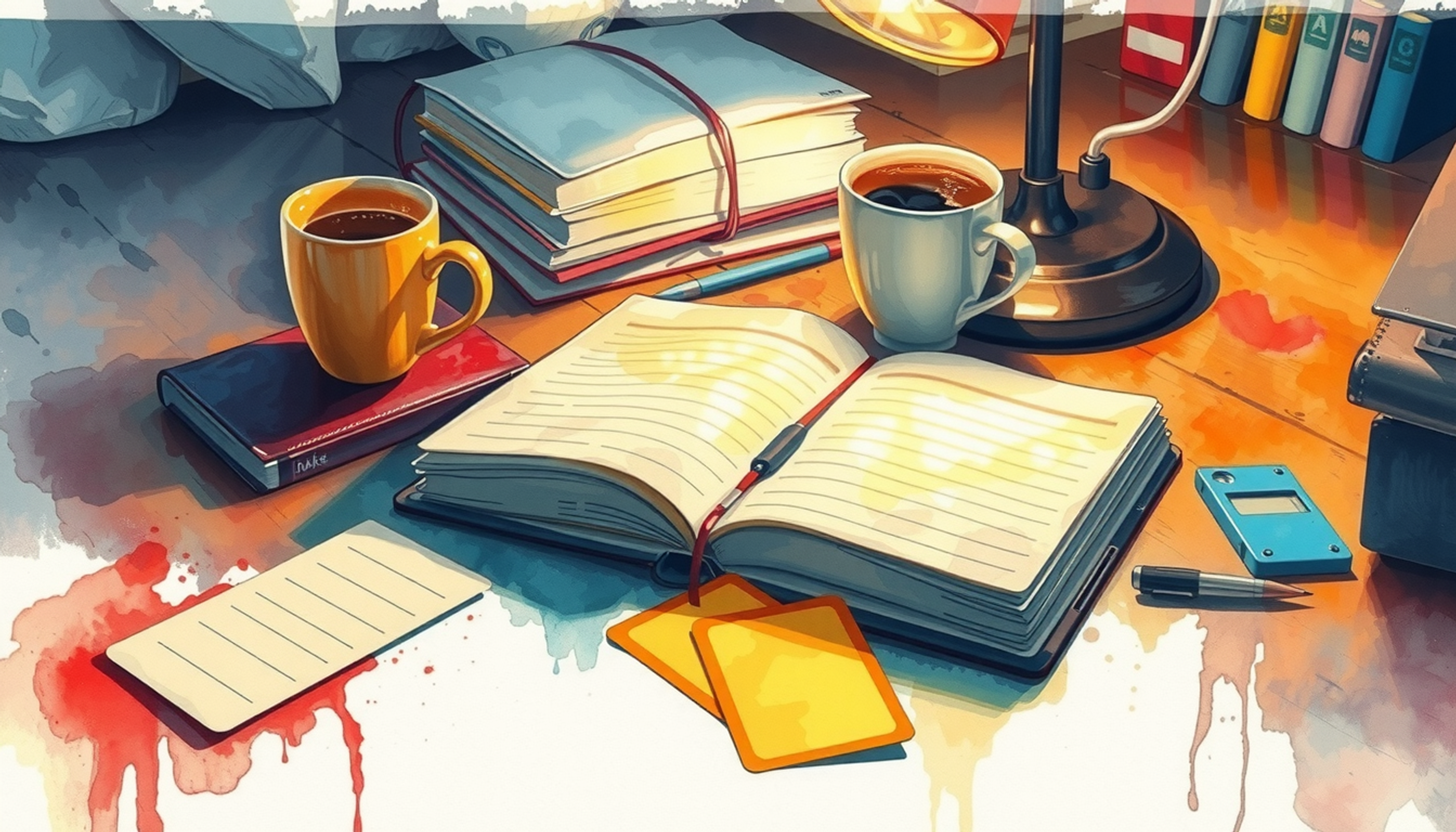 Open notebook and flashcards on a wooden desk with warm lamp.