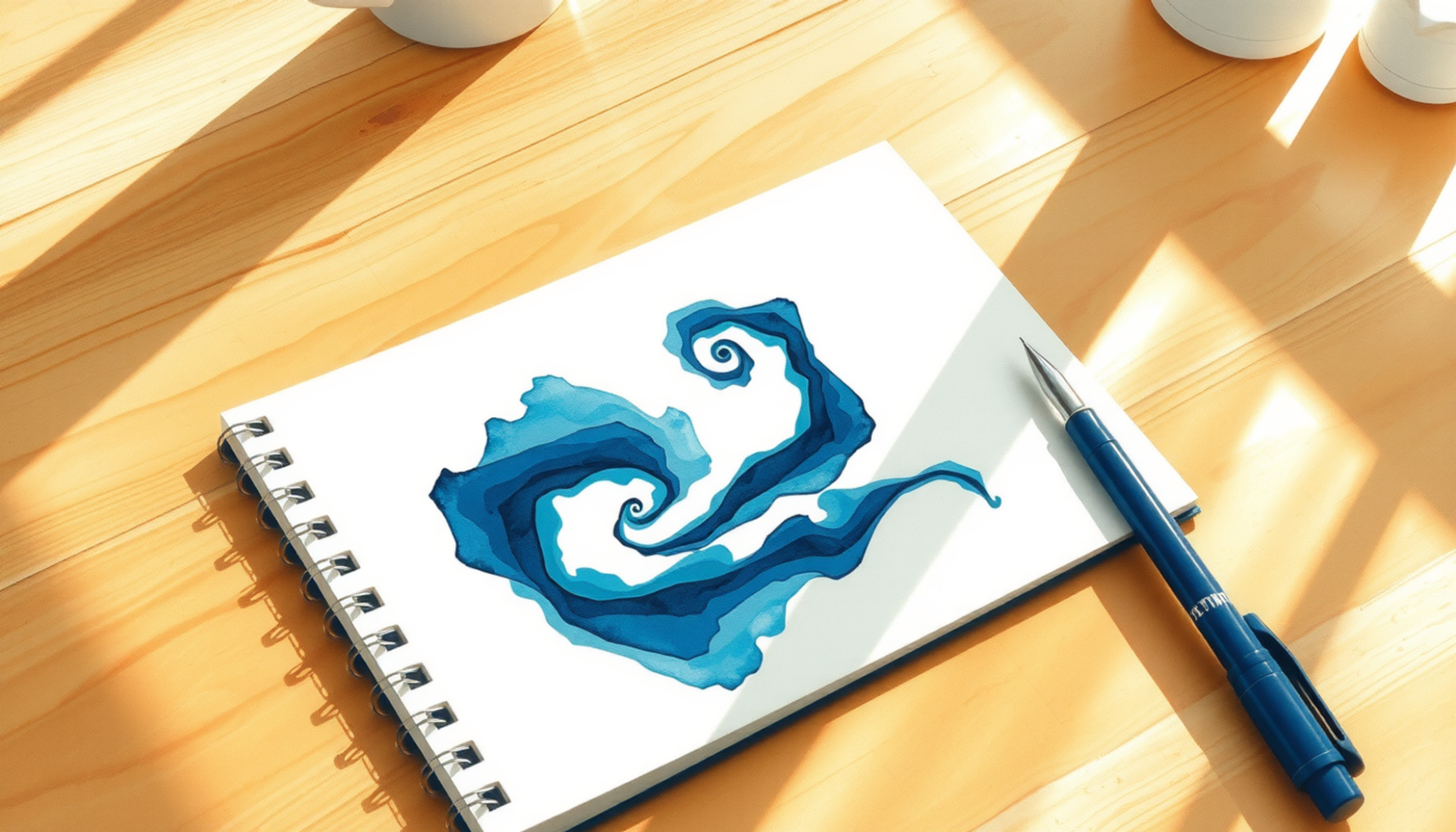 Open notebook with swirling blue ink patterns on a wooden table.