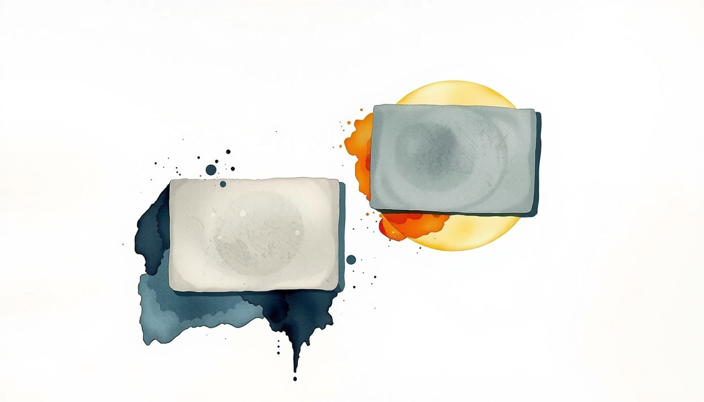 Identical grey slabs in dark space, one shadowed, one glowing.
