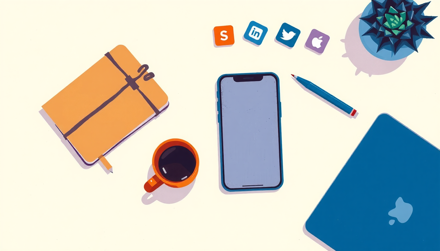 Organized desk with laptop, phone, notebook, and colorful sticky notes.