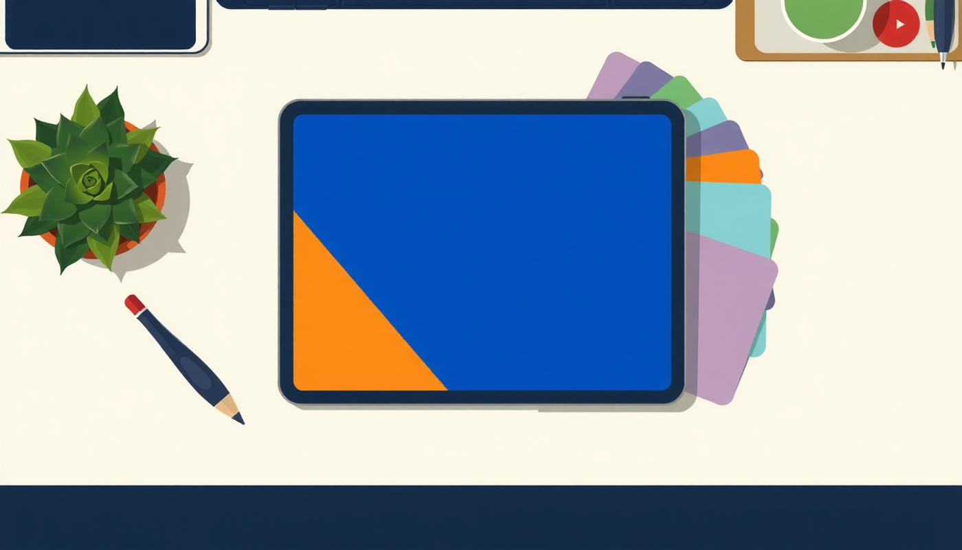 Organized study workspace with tablet, colorful index cards, and succulent.