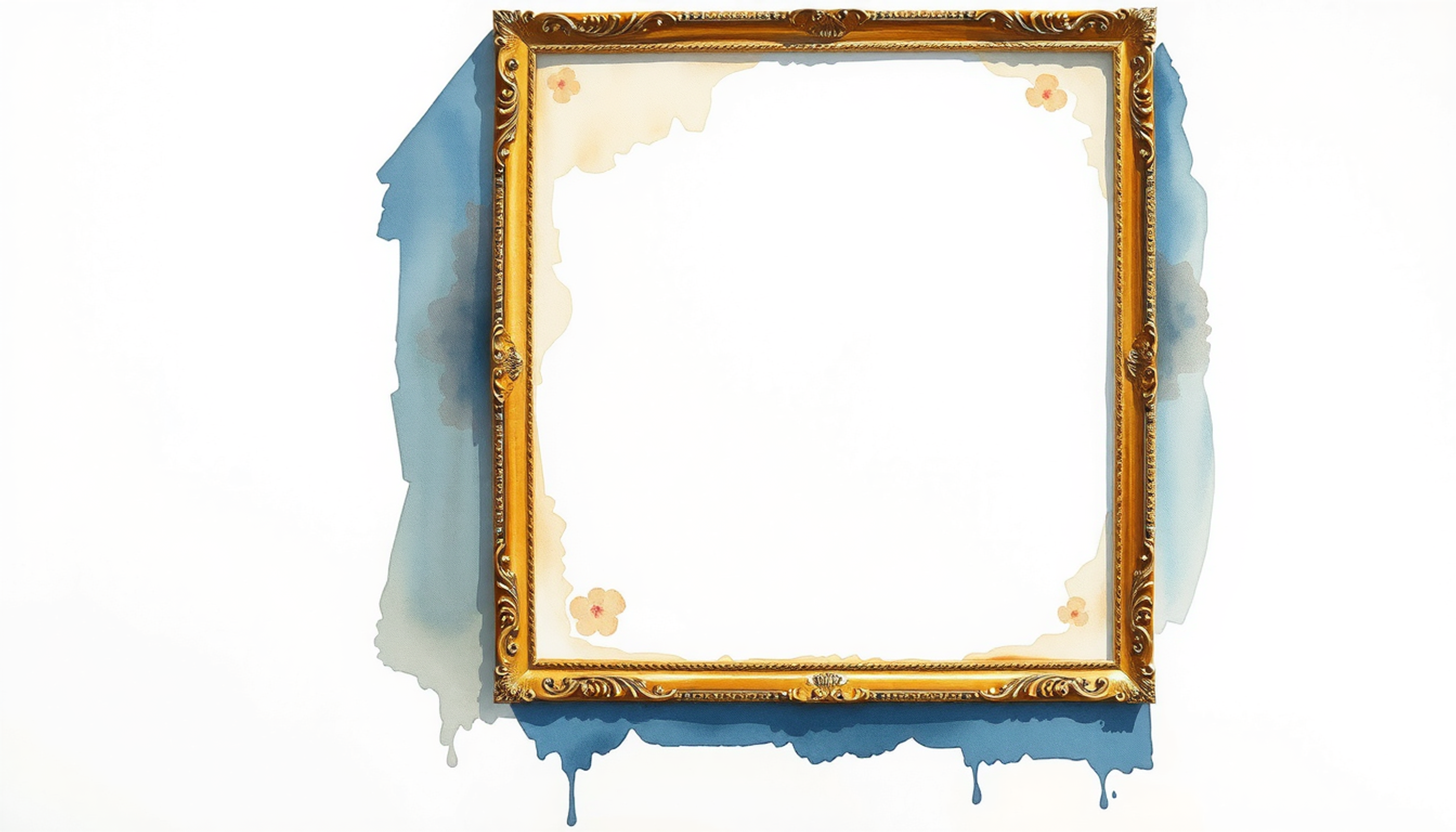 Gilded frame on pale wall with empty canvas and deep shadow.