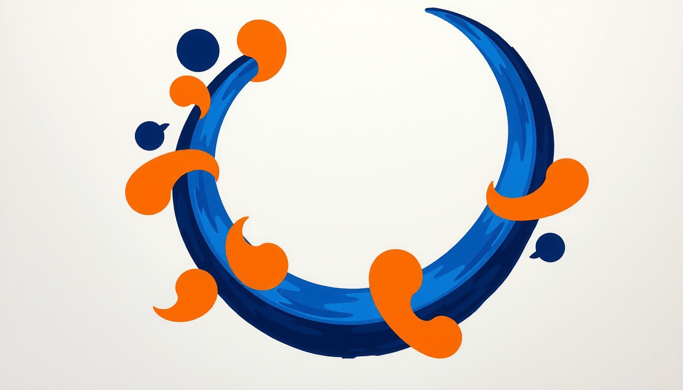 Circular feedback loop design in dark blue and orange, inspired by ouroboros.
