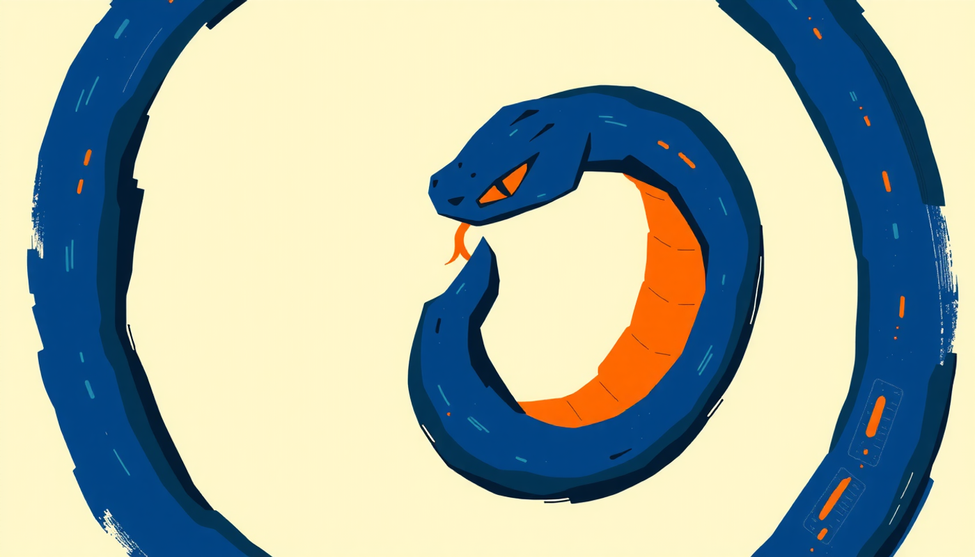 Circular feedback loop design in dark blue and orange, tech-inspired ouroboros.