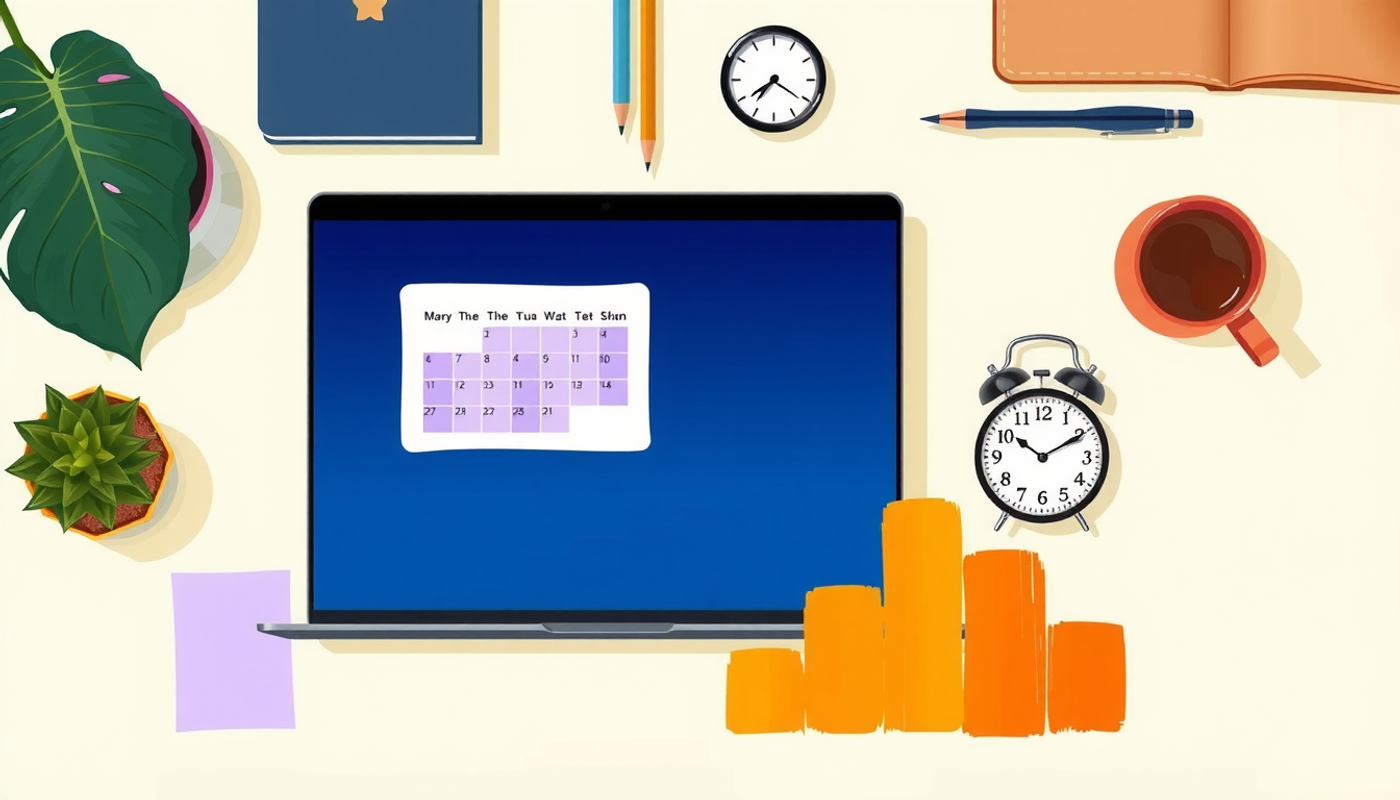 Clean study desk with laptop, colorful flashcards, clock, and coffee cup.