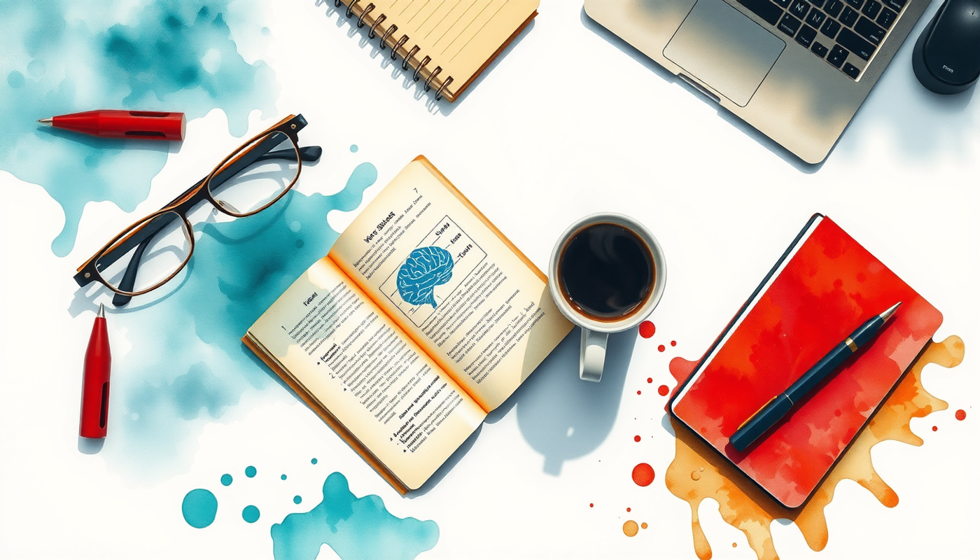 Overhead view of a study desk with textbooks and coffee.