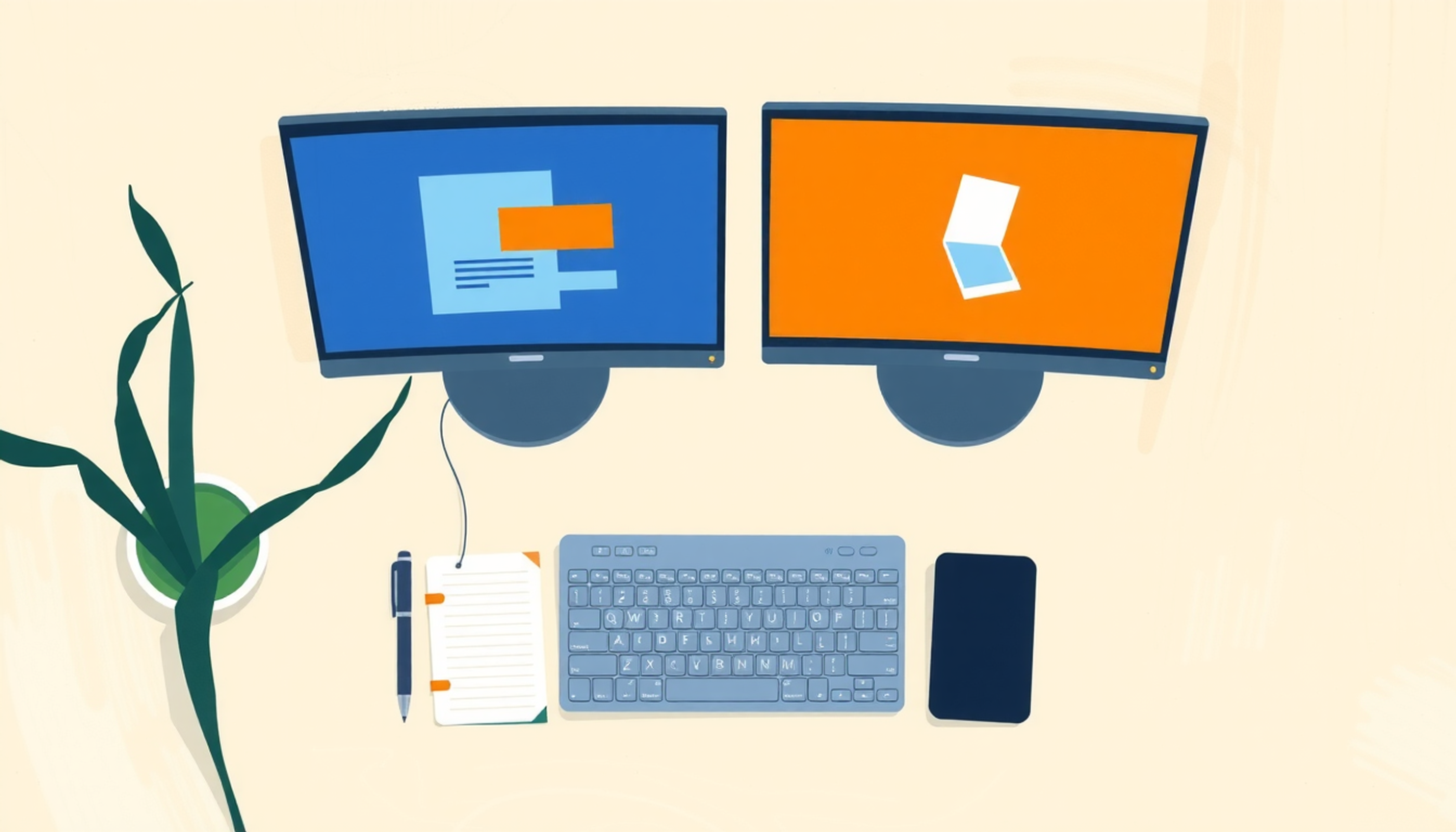 Overhead view of a modern workspace with dual monitors and organized desk.