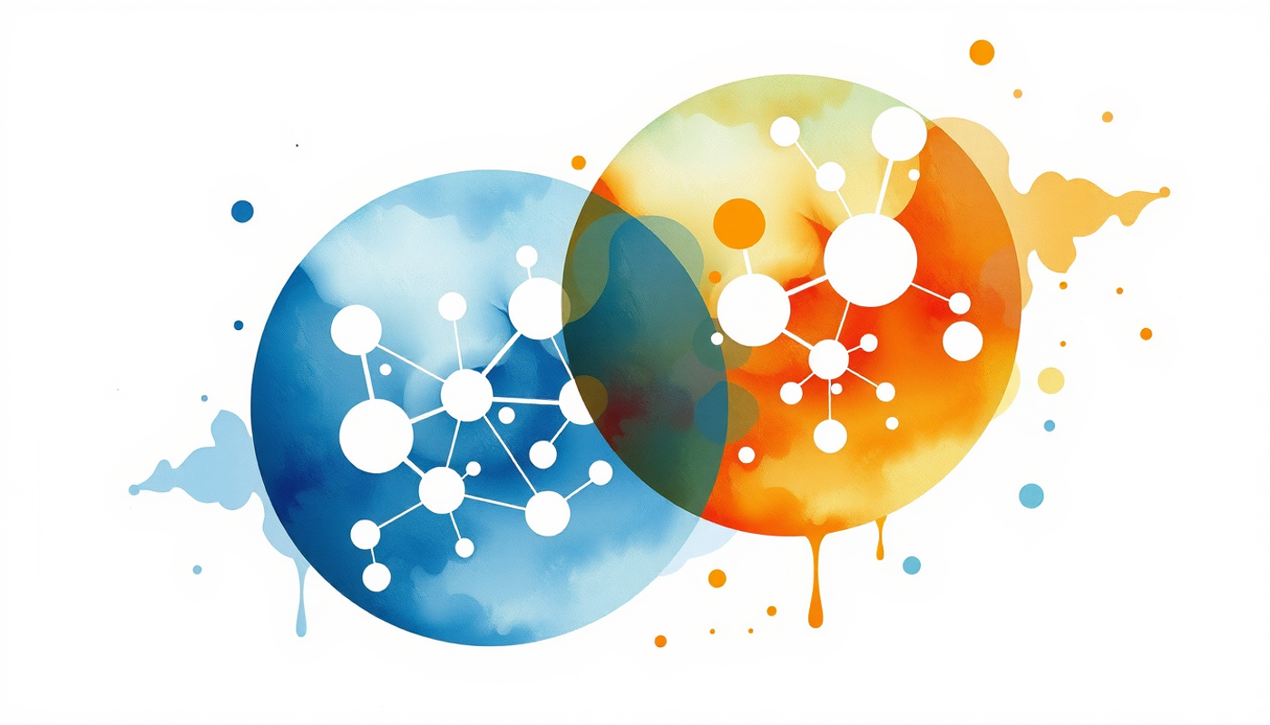 Translucent indigo and amber spheres with glowing nodes on navy background.