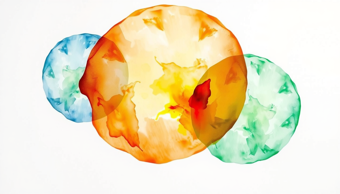 Three translucent circles in indigo, amber, and emerald illustrating cognitive principles.