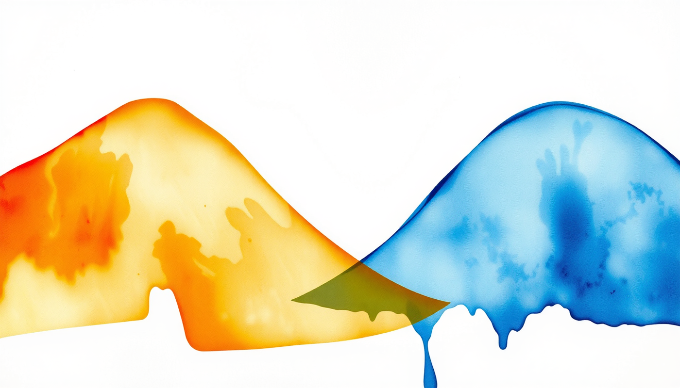Translucent amber and blue curves on dark background, showcasing data comparison.