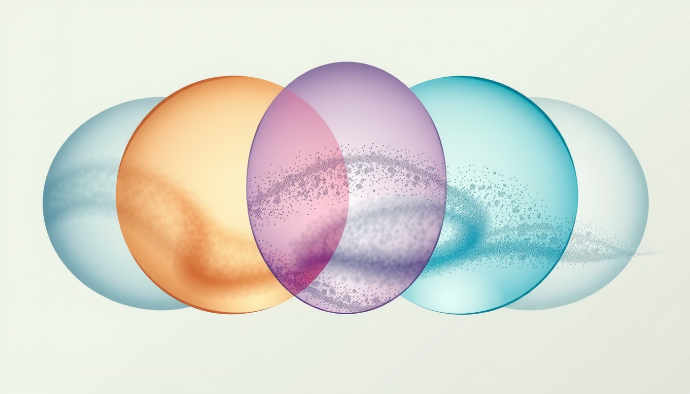 Translucent layers in cool colors converge, symbolizing theories of forgetting.