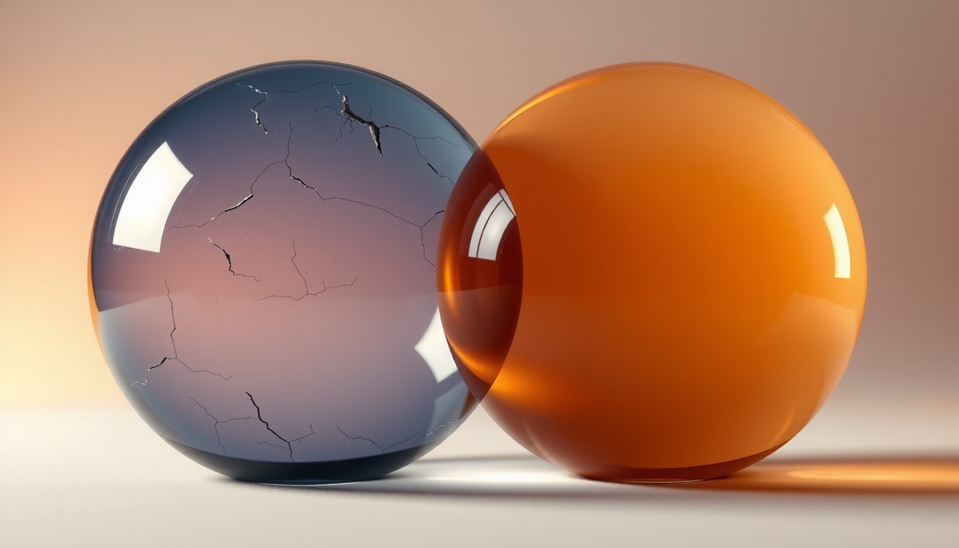 Overlapping indigo and amber spheres symbolize old and new memories.