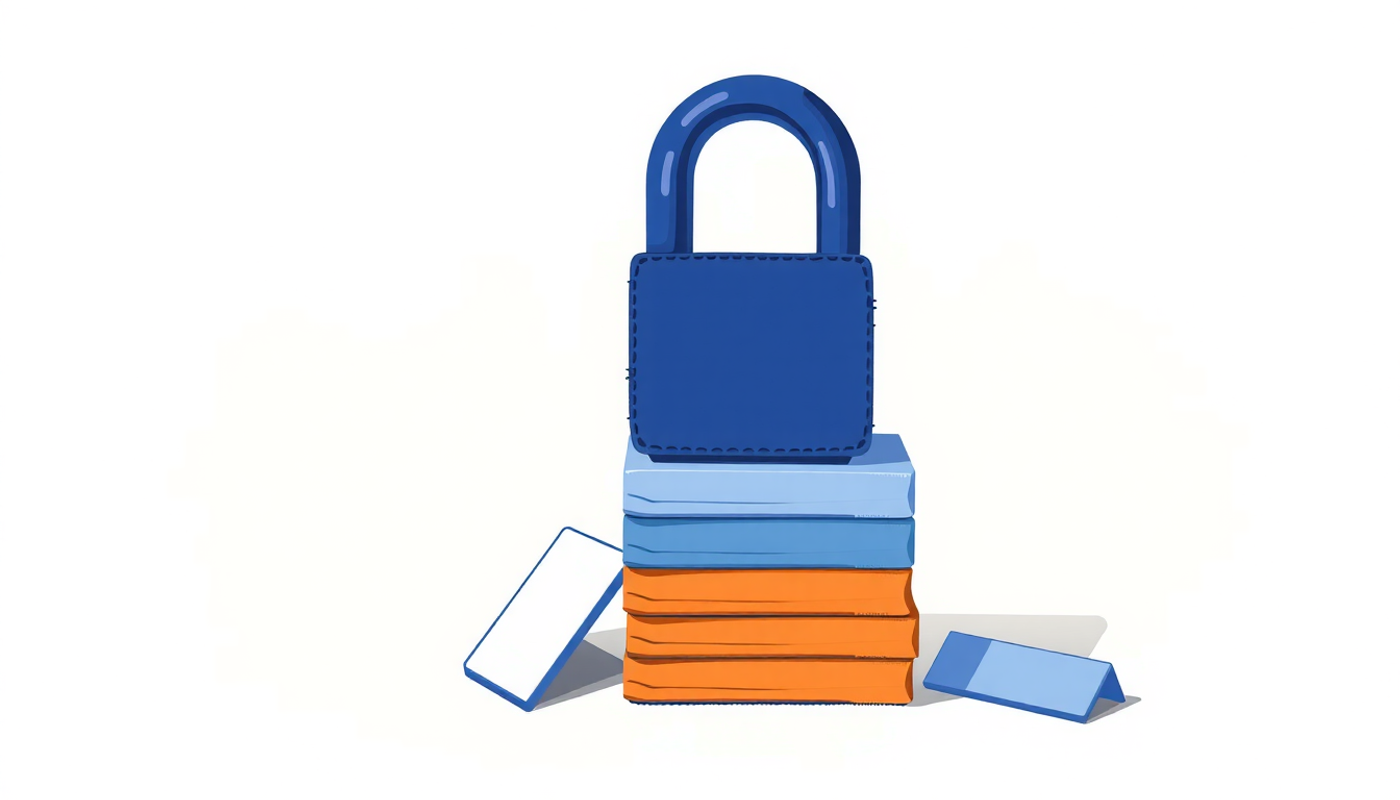 Padlock on colorful flashcards with one glowing card floating away.