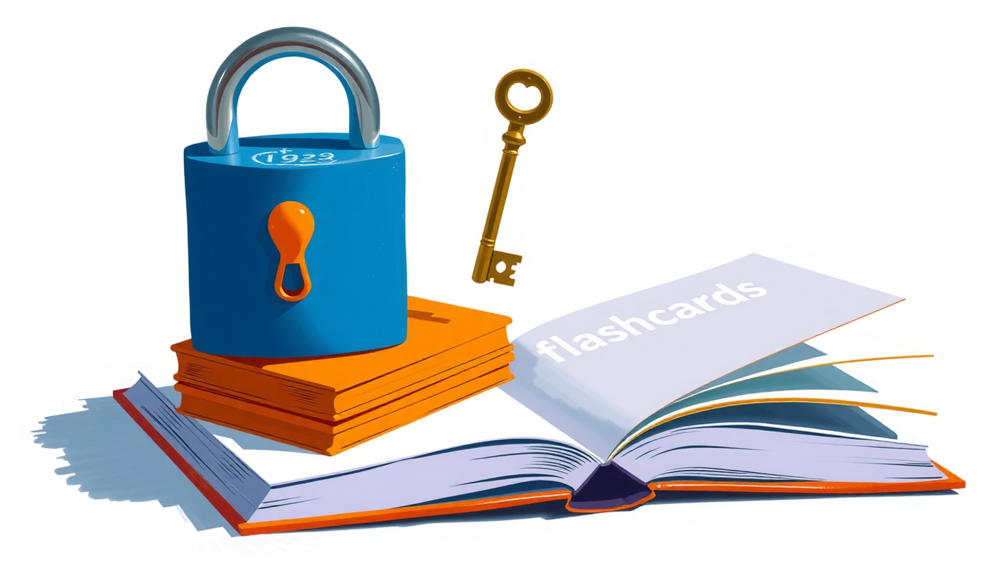 Closed padlock on colorful flashcards with a key near an open book.