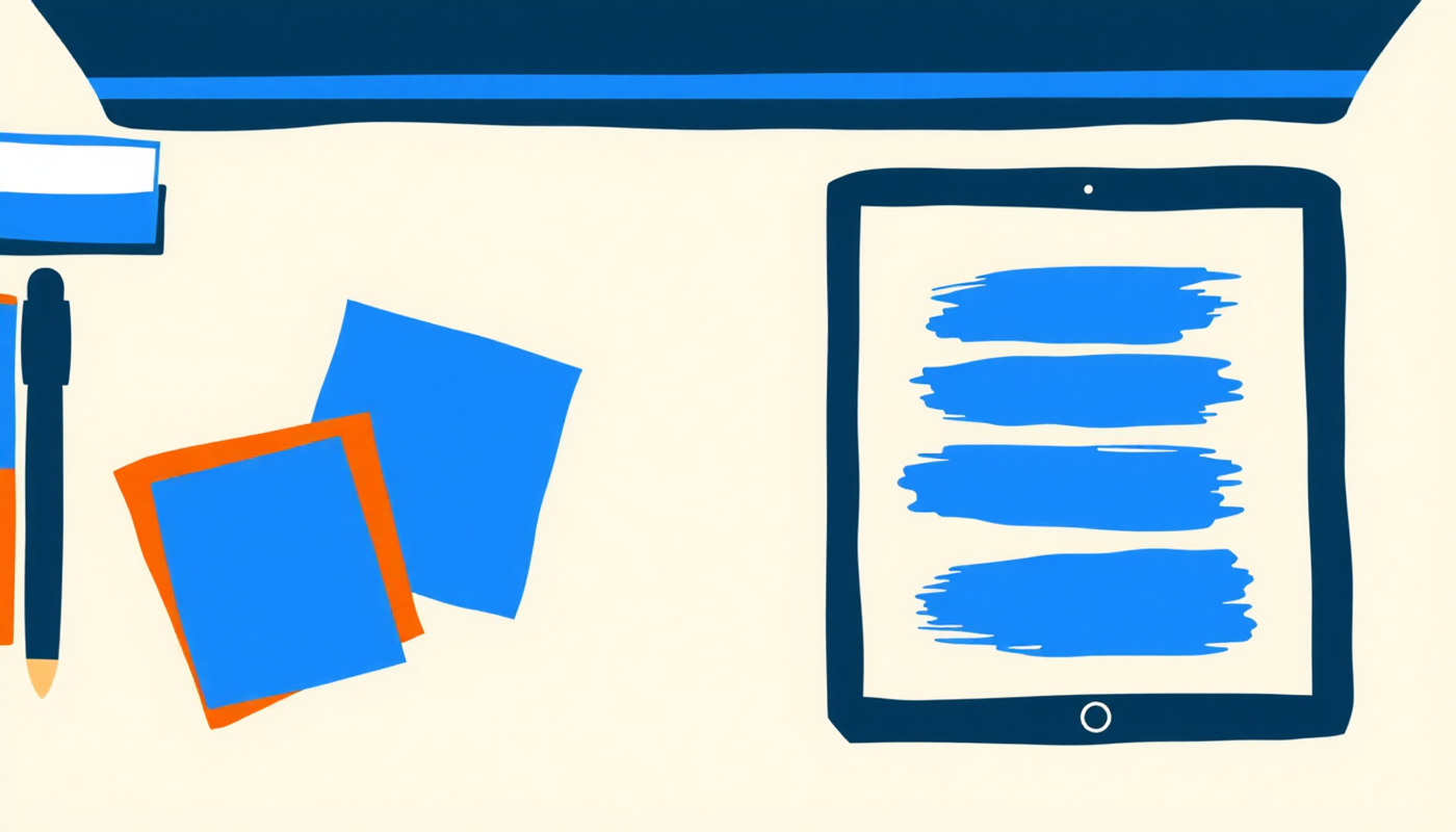 Comparison of paper flashcards on desk and digital flashcards on tablet.