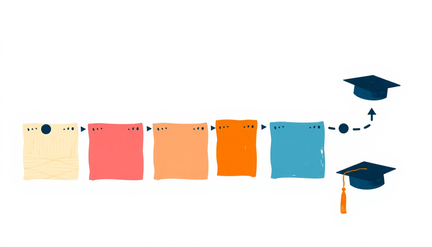 Horizontal infographic of flashcards on a curved timeline with pastel colors.