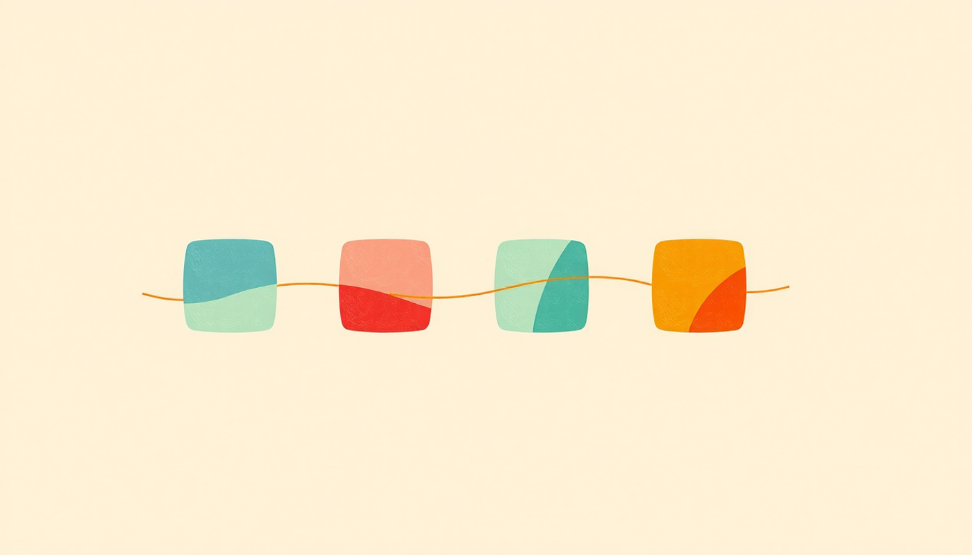 Four pastel geometric app icons in an arc with connecting lines.
