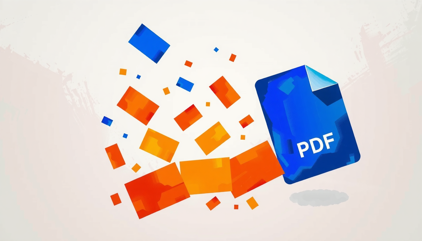 PDF document transforming into colorful flashcards flying to a phone.