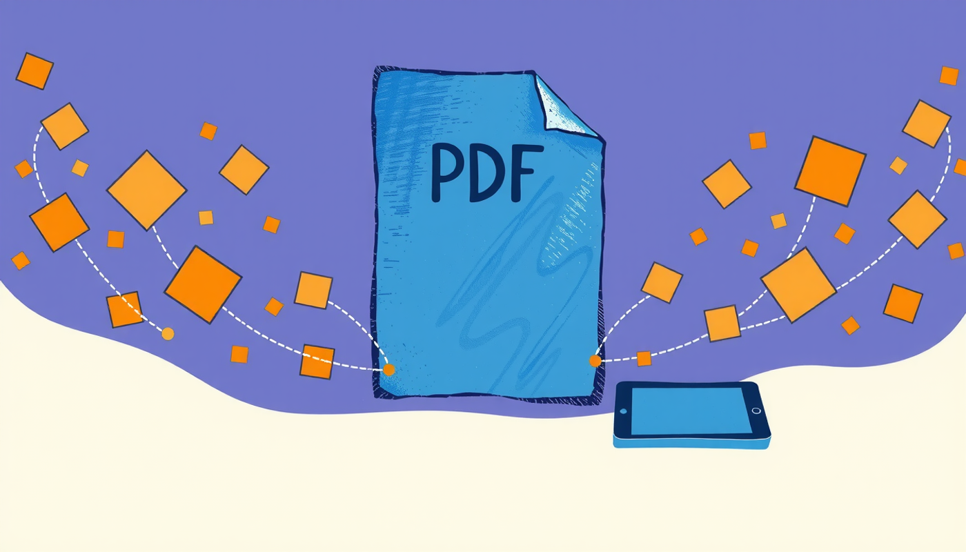 PDF document icon with flashcard particles flowing to mobile device.