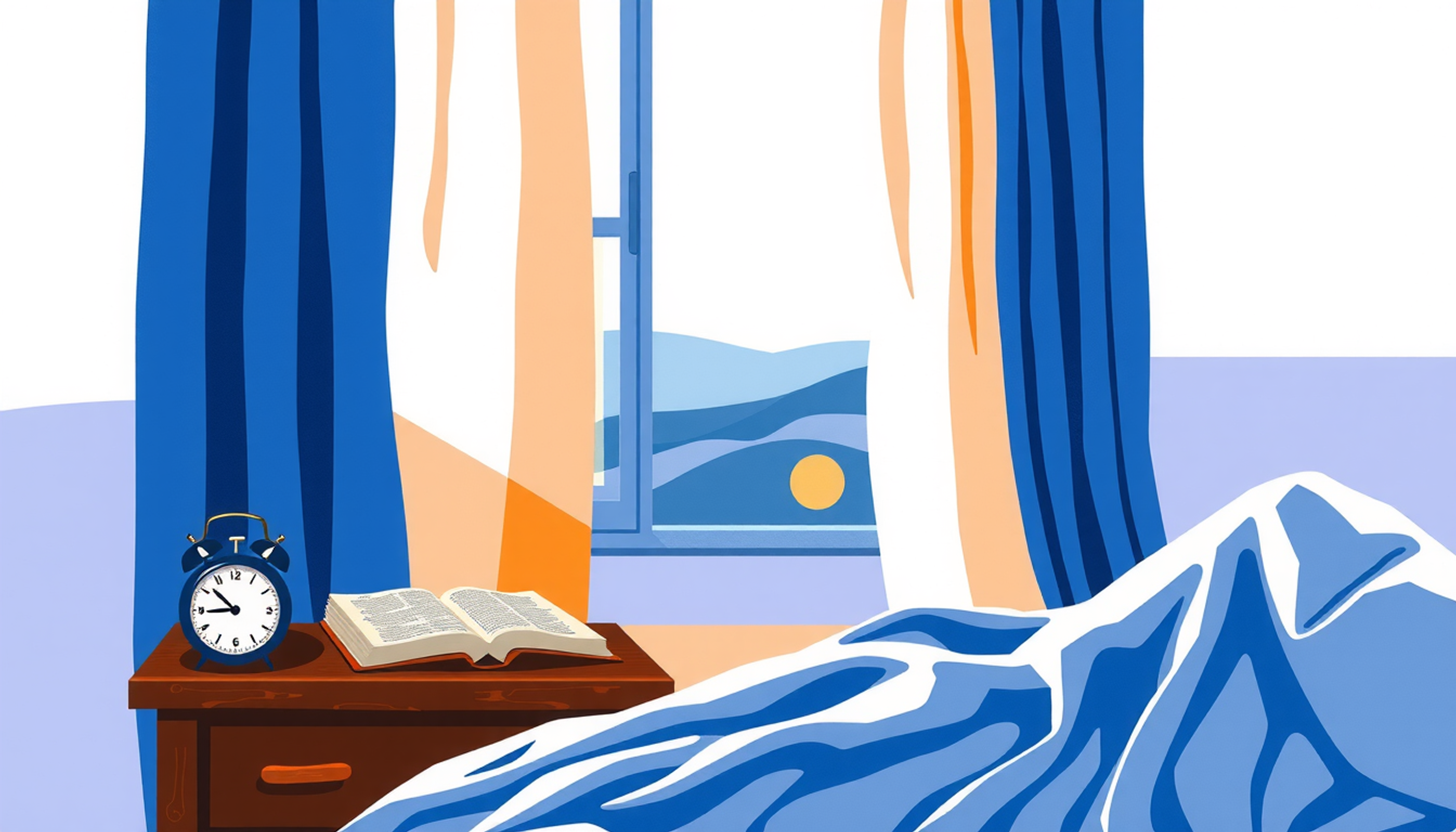 Peaceful dawn bedroom with a book and analog clock.