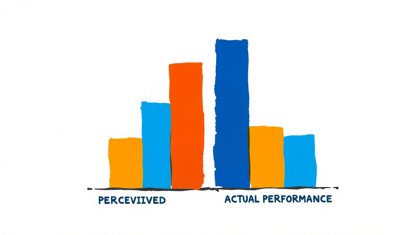 Four stacked bar charts comparing perceived vs. actual performance in studies.