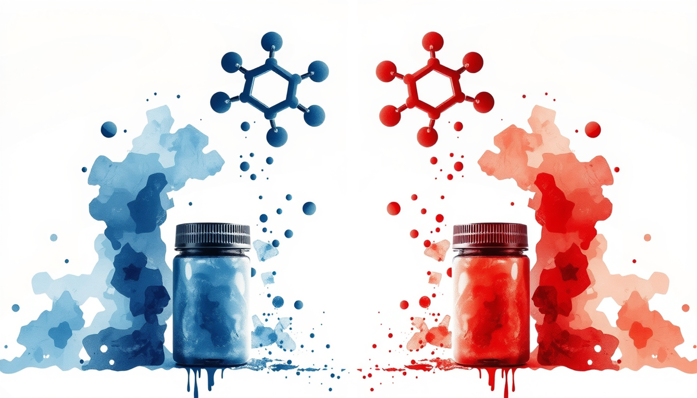 Two similar pharmaceutical bottles in blue and red with molecular structures above.