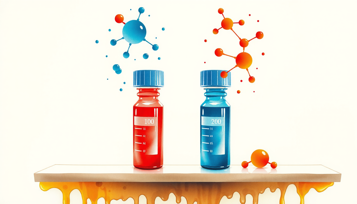 Two similar pharmaceutical bottles in blue and red with floating molecular structures.