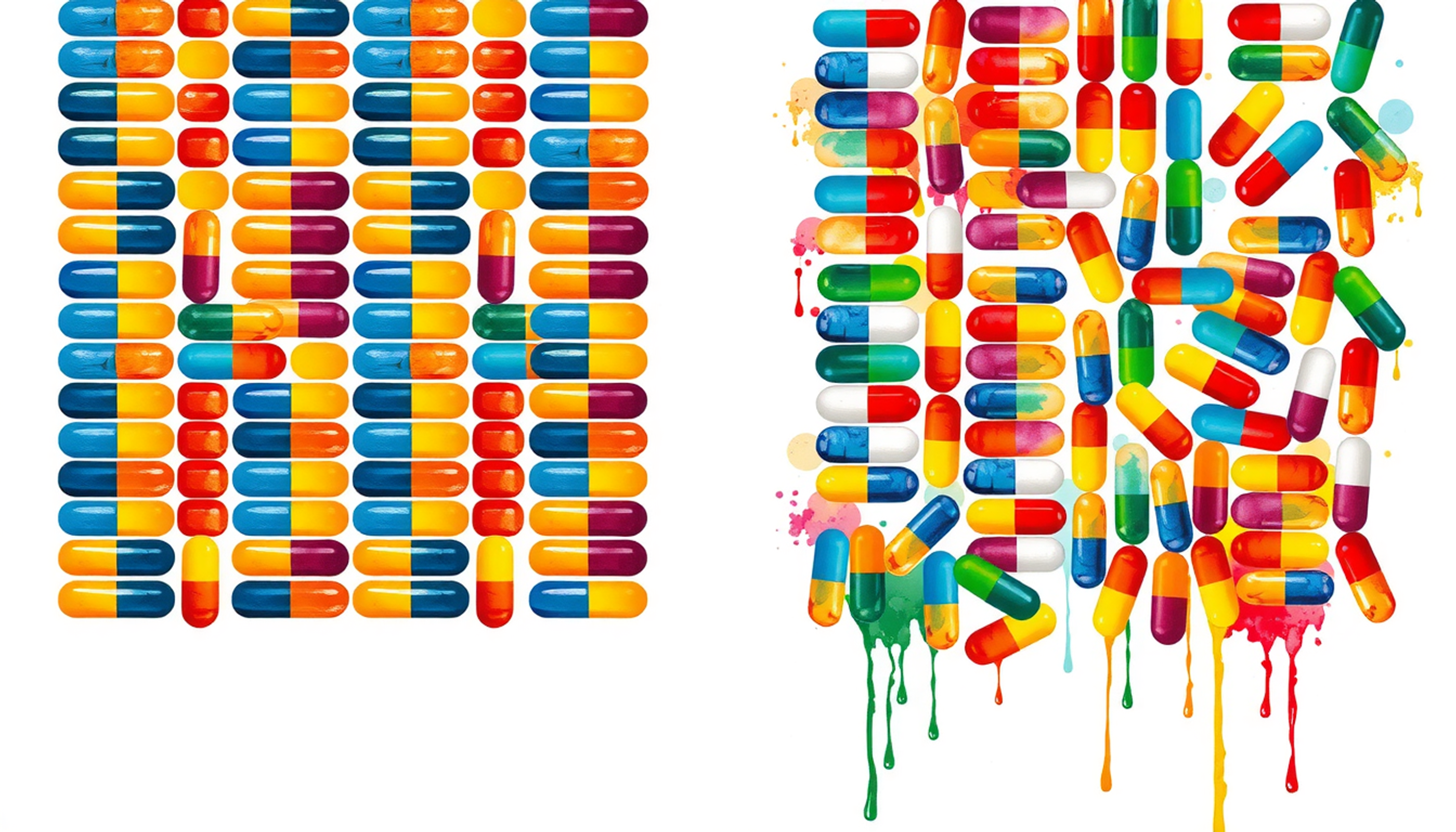Color-coded pharmaceutical capsules in contrasting patterns of practice.