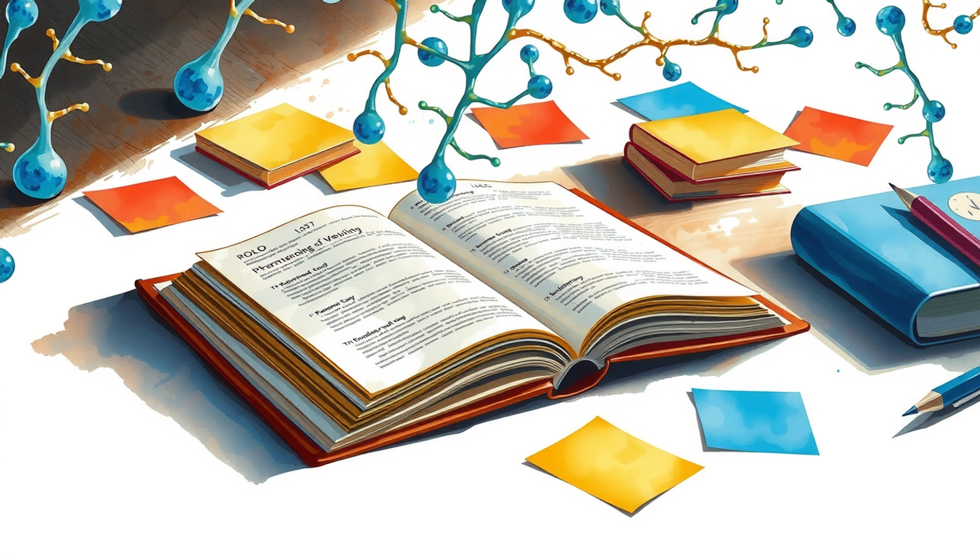 Open pharmacology textbook on a desk with glowing neural pathways.