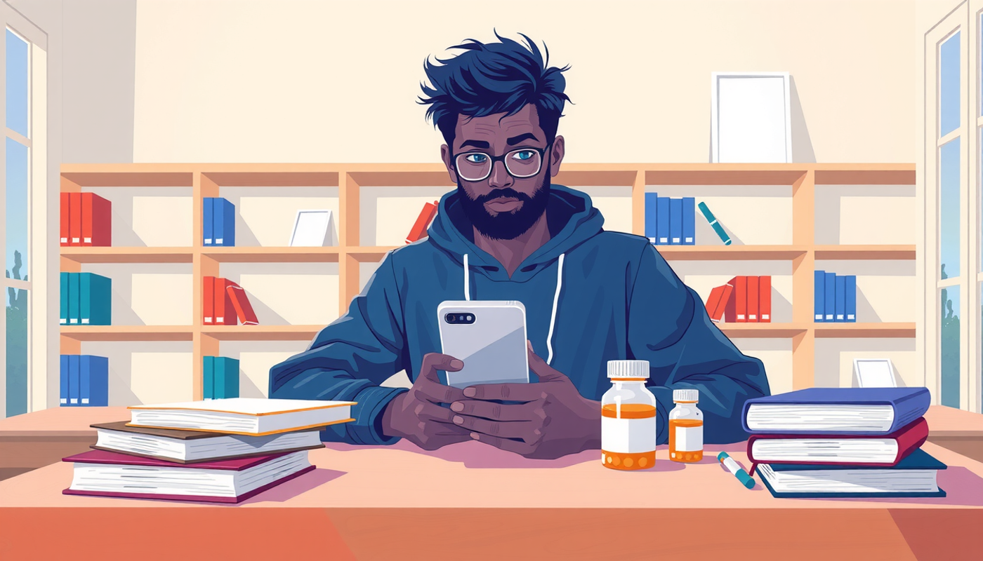 Pharmacy student using flashcard app in university library with textbooks.