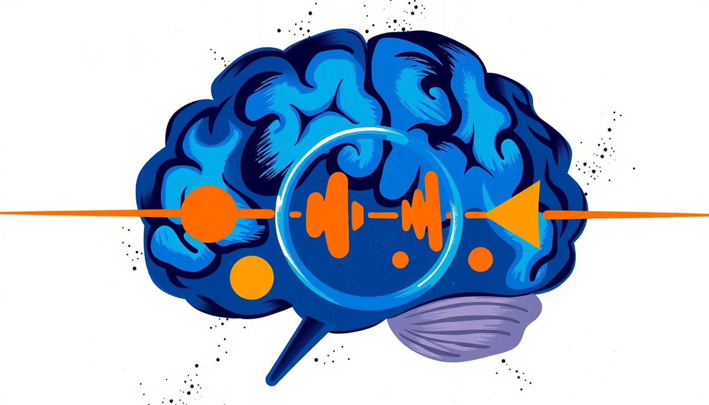 Phonological loop concept with sound waves and words in a brain.