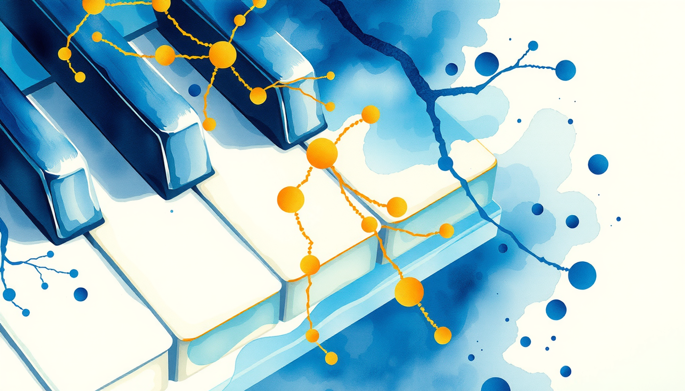 Close-up of piano keys with blue and gold neural patterns.