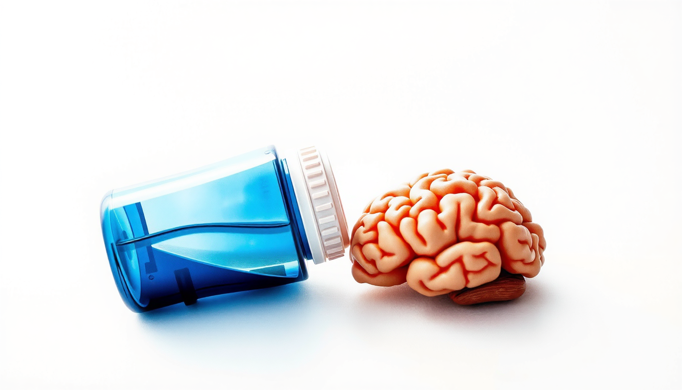 Pill bottle and brain model on white surface, clinical setting.
